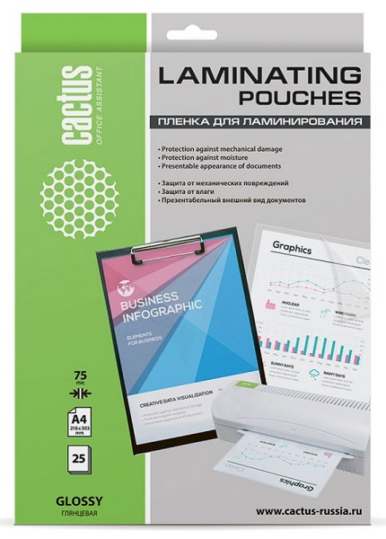 Пленка Cactus CS-LPGA47525 для ламинирования 75мкм A4 (25шт) глянцевая 216x303мм