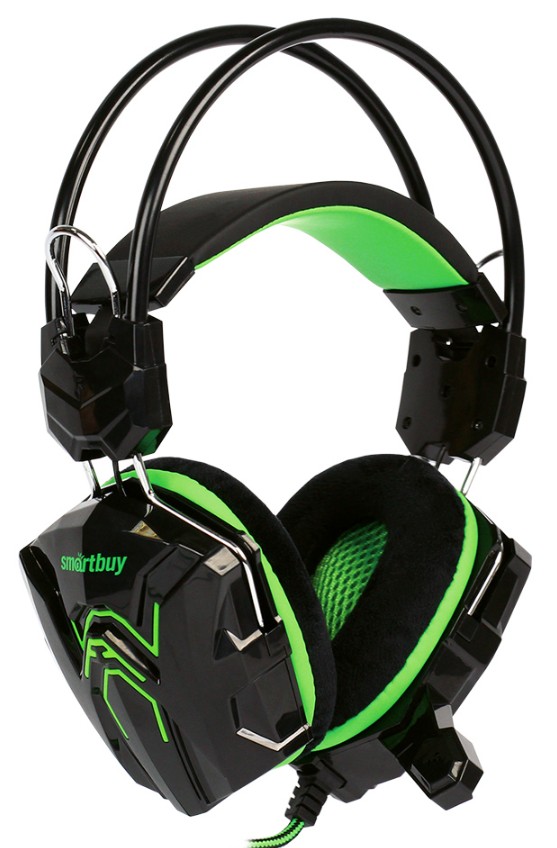 Гарнитура SmartBuy RUSH SNAKE SBHG-1200 игровая, велюровые амбушюры, шнур 2,2 м, черный/зеленая (1/30)