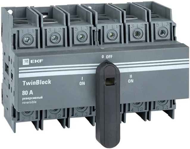 Рубильник EKF tb-s-80-3p-rev 80A 3P реверсивный c рукояткой для прямой установки TwinBlock