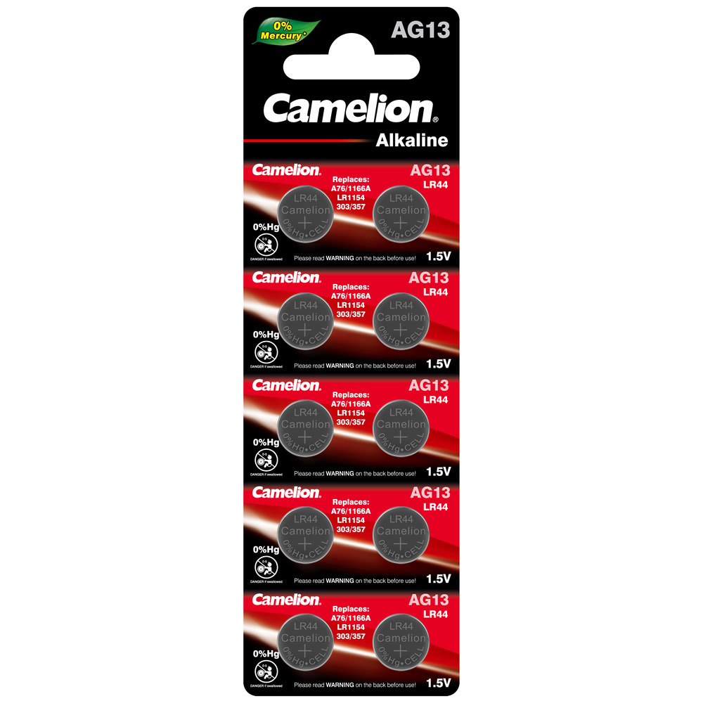 Батарейка Camelion AG13-BP10(0%Hg) Mercury Free LR44/AG13, 1,5 В, 158 мА.ч, 10 шт в упаковке