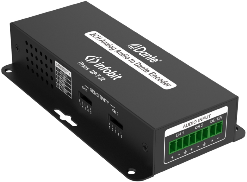 Конвертер Infobit iTrans DP-T-22 2 аналоговых входа (6-pin phoenix, балансный/линейный), 1xRJ45(Dante), питание PoE или DC (12В)