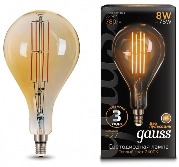 Лампа светодиодная Gauss 149802008 LED Vintage Filament A160 8W E27 160*300mm Golden 780lm 2400K