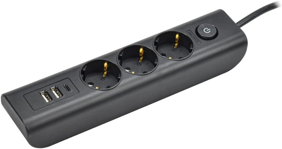 Удлинитель IEK WYP12-16-03-02-ZKU-K02 MODERN У03В с заземлением 2м 3х1мм2 16А/250В USBх3 черный