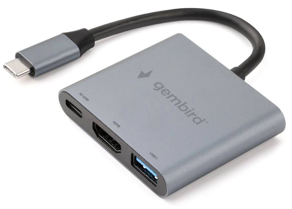 Док-станция Gembird UHB-D2 Type-C 3в1: USB3.1, PD100W, HDMI, кабель 15см, алюминий
