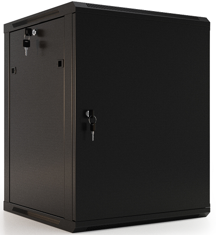 Шкаф настенный 19, 9U Hyperline TWB-0945-SR-RAL9004  500x600х450, металлическая передняя дверь с замком, две боковые панели, цвет черный (RAL 9004)
