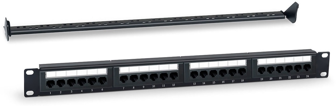 Патч-панели комплектные Патч-панель WRLine WR-PL-24-C5E-D 19 (1U), 24 порта RJ-45, категория 5e, Dual IDC, с задним кабельным организатором, цвет черный