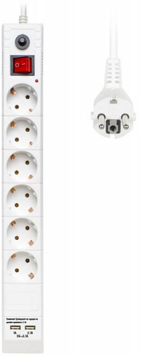 Сетевой фильтр Buro BU-SP1.8_USB_2A-W 6 розеток, 1,8 метра, USB, 2А, белый