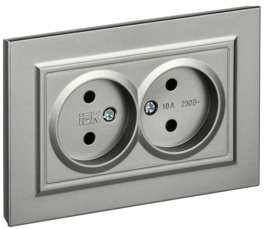 Розетка двухместная без заземления в сборе IEK BR-R20-10-K46-F BRITE без защитных шторок 10А РС12-2-БрС Сталь