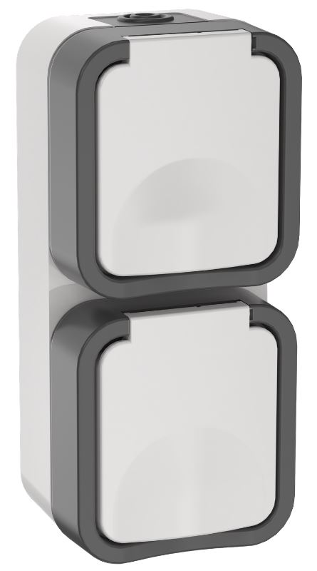 Розетка двухместная с заземлением IEK TS-R26-16-55-V-K41 TORS вертикальная, с крышкой 16А IP55 TS232, серо-белый