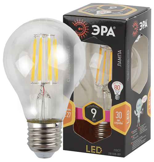 Лампа светодиодная ЭРА Б0043433 F-LED A60-9W-827-E27 (филамент, груша, 9Вт, тепл, Е27)