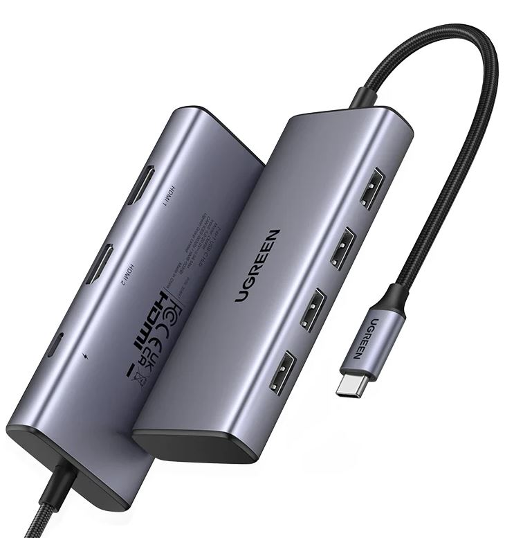 Концентратор UGREEN CM498 35897_ 7-in-1 USB-C to USB-A 3.2+3*USB-A 2.0+2*HDMI+PD Port Converter, цвет: серый