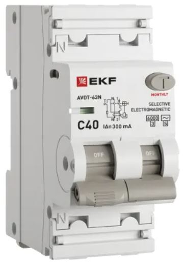 Автомат дифференциальный EKF D63N26MS40C300 АВДТ-63N 1P+N 40А (C) 300мА (AC-S) эл-мех 6кА PROXIMA