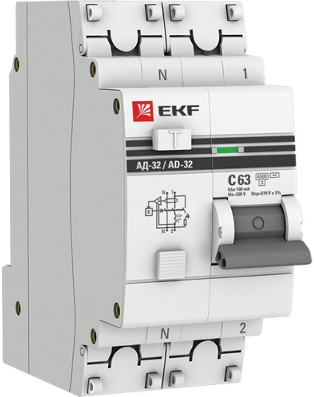 Автомат дифференциальный EKF DA32-63-100-pro АД-32 1P+N 63А (С) 100мА тип (АС) эл. 4,5кА PROxima