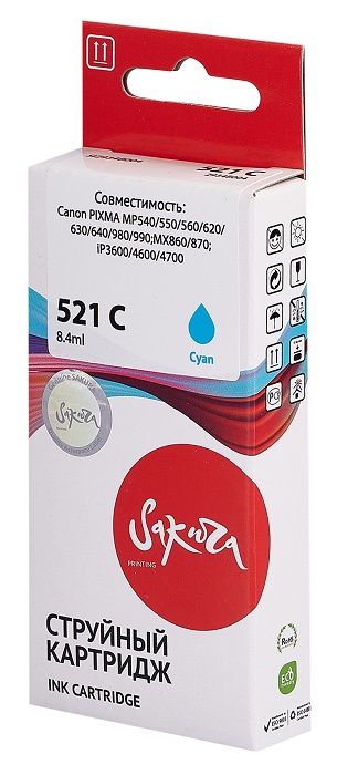 Картридж струйный Sakura 2934B004 (521 C) для Canon PIXMA MP540/550/560/620/630/640/980/990;MX860/870;iP3600/4600/4700, водорастворимый тип чернил, го