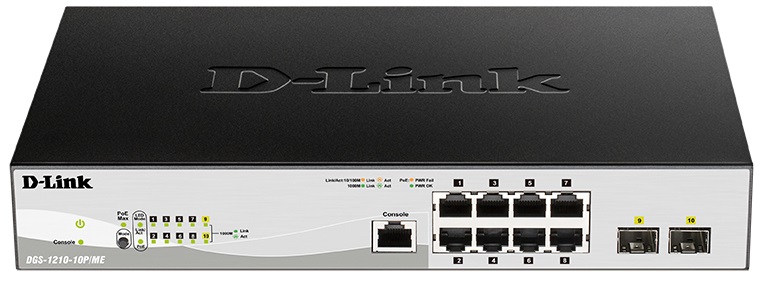 Коммутатор PoE D-link DGS-1210-10P/ME/B1A 8xUTP 100/1000, 2xSFP Gigabit, 78Wt, L2