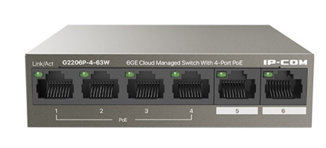 Коммутатор управляемый IP-Com G2206P-4-63W L2, 4*100/1000 Мбит/с Base-T RJ45 (данные/питание), 2*1000 Мбит/с Base-T(Данные), PoE на один порт 30 Вт, о