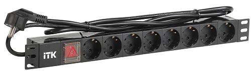 Блок розеток ITK PH12-8D1-P на 8 розеток DIN49440 (нем. cтанд.) с LED выключателем, 1U, шнур 2м вилка DIN49441 (нем. станд.), профиль из ПВХ, черный