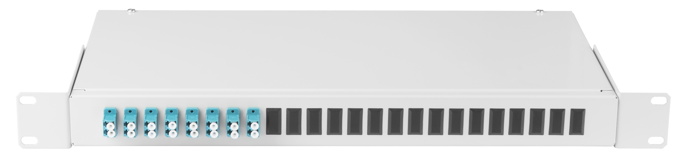 Кросс оптический стоечный NikoMax NMF-RP16LCUS2-WS-ES-1U-GY 19, 1U,16*LC/UPC(8 двойных LC/UPC адаптеров), SM 9/125 OS2, стальной, серый, в комплекте