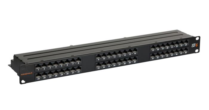 Патч-панель NikoMax NMC-RP48UE2-1U-BK 19, 1U, 48 портов, кат. 6, RJ45/8P8C, 110/KRONE, Т568A/B, неэкранированная, встр. органайзер, черная
