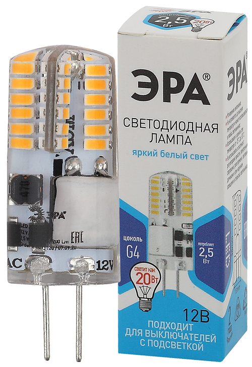 Лампа светодиодная ЭРА Б0049090 LED-JC-2,5W-12V-SLC-840-G4 светодиодная (диод, капсула, 2,5Вт, нейтр, G4) (20/500/24500)