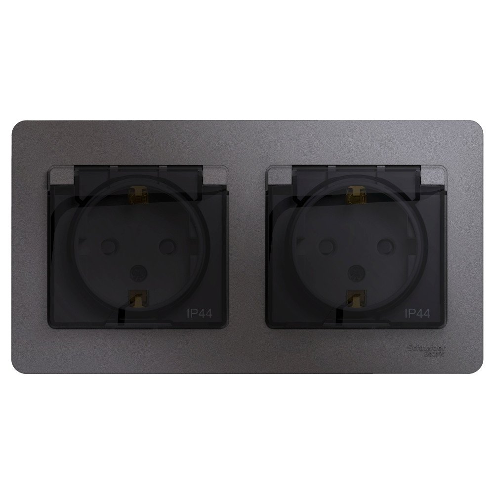 Розетка двухместная с заземлением Systeme Electric GSL001347 Glossa со шторками в сборе IP44, графит