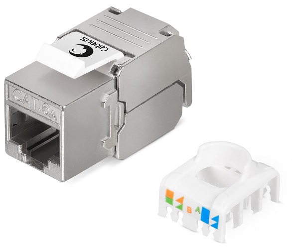 Модуль Cabeus KJ-RJ45-Cat.6A-SH-180-Toolless (вставка) Keystone Jack RJ-45(8P8C), 180 градусов, категория 6A, полный экран, без инструмента Toolless,