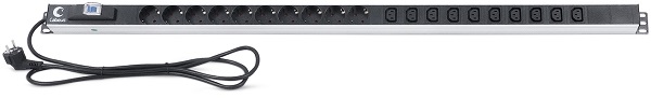 Блок розеток 19, 10 розеток Cabeus PDU-16-10S-10C13-B для шкафов, вертикальный, 10 розеток Schuko, 10 розеток IEC 320 C13, 16А, автомат защиты, алюмин