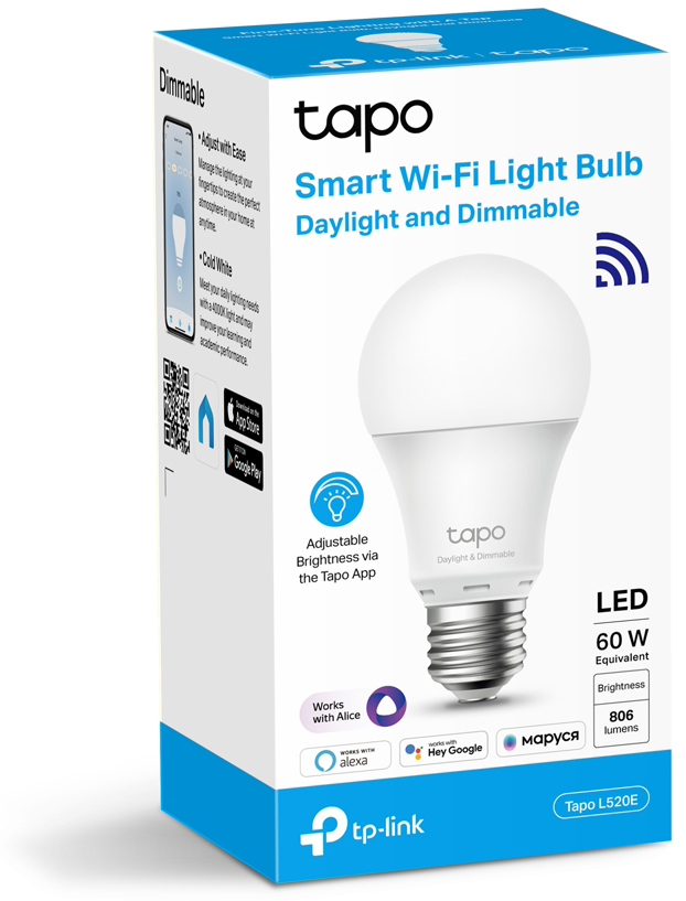 Лампа TP-LINK Tapo L520E умная, WiFi, E27, 8.7Вт, 4000-4000К, 806 lm, работа с голосовым помощником