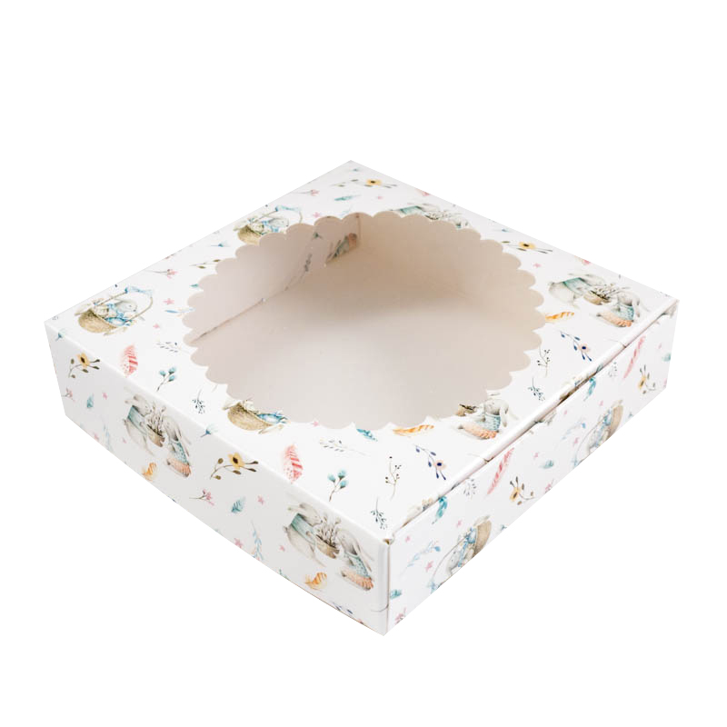 Коробка для печенья 12*12*3 см с окном Кролики и верба