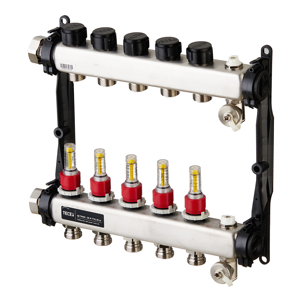 Коллектор для теплого пола Tece 1 ВР(г) х 5 выходов 3/4 НР(ш) ЕК х 1 ВР(г) с расходомерами (77310005)