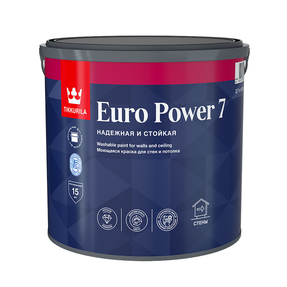 Водно-дисперсионные краски Краска моющаяся Tikkurila Euro Power 7 база С бесцветная 2,7 л