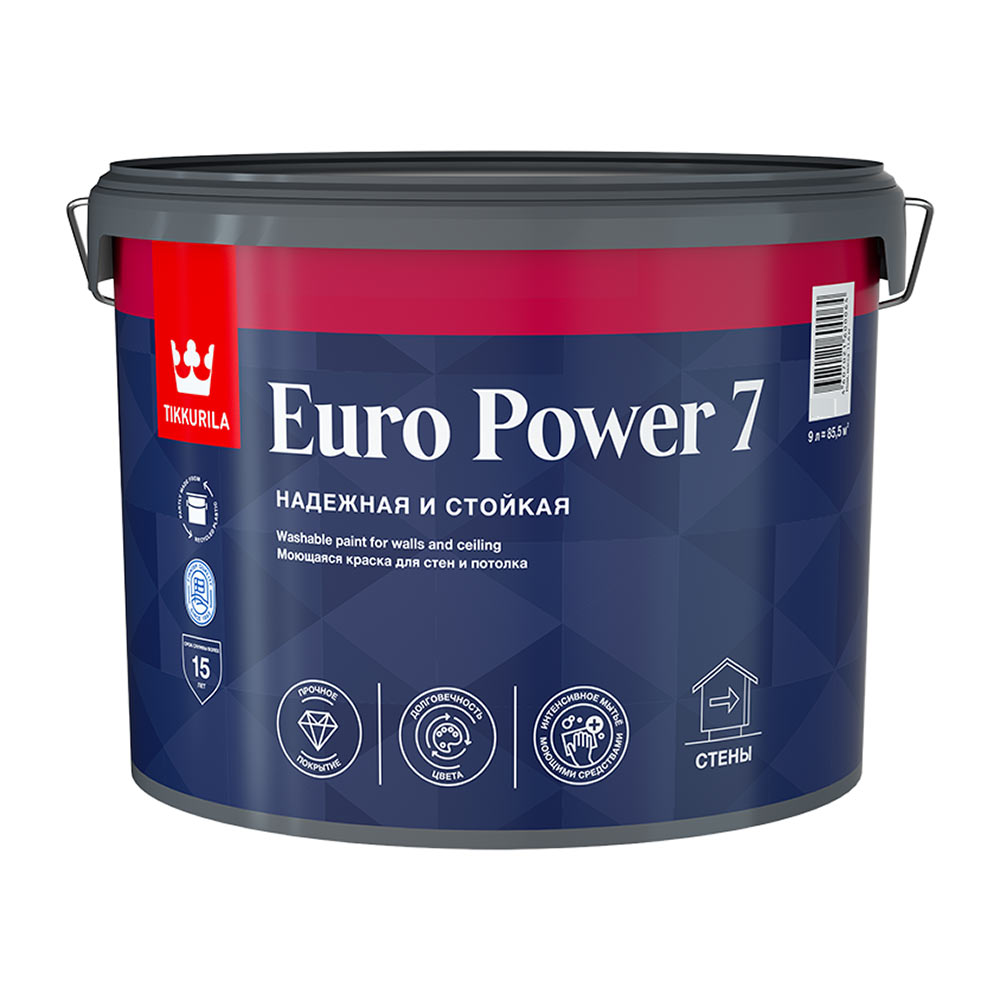 Водно-дисперсионные краски Краска моющаяся Tikkurila Euro Power 7 база С бесцветная 9 л