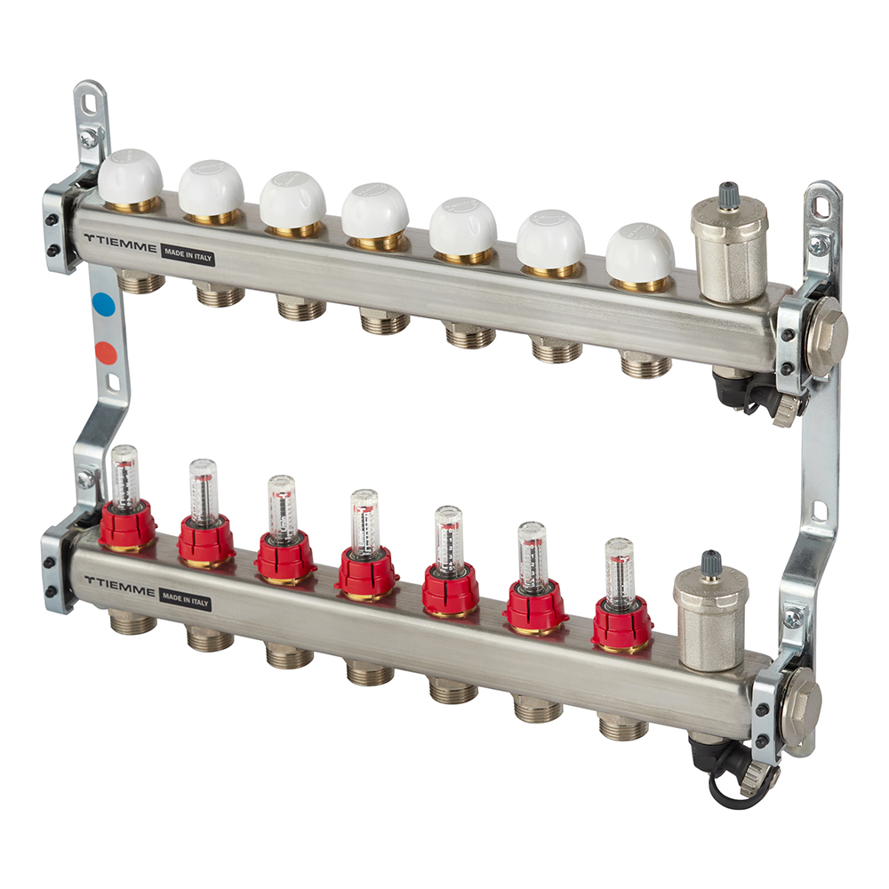 Насосно-смесительные узлы и модули для тёплого пола  Петрович Коллекторная группа с расходомерами Tiemme 1 ВР(г) х 7 выходов 3/4 НР(ш) ЕК х 1 ВР(г)