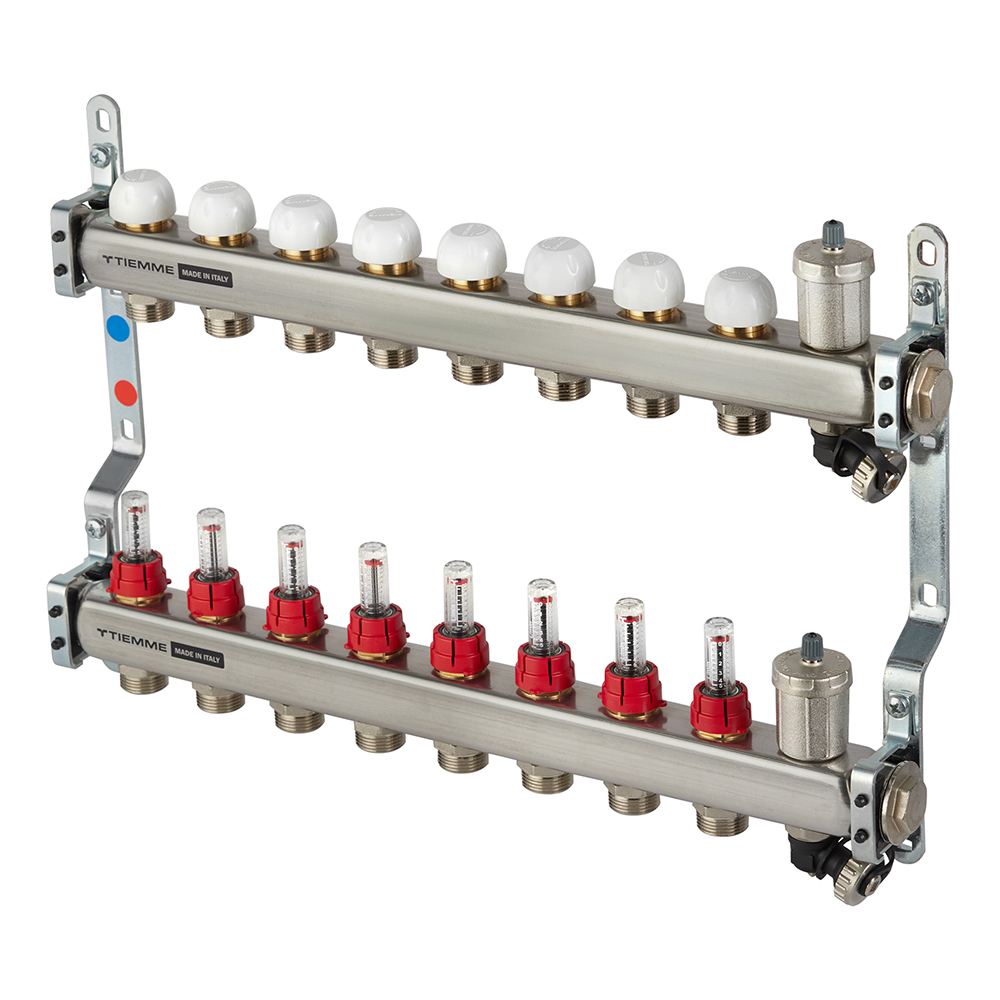 Насосно-смесительные узлы и модули для тёплого пола Коллекторная группа с расходомерами Tiemme 1 ВР(г) х 8 выходов 3/4 НР(ш) ЕК х 1 ВР(г)
