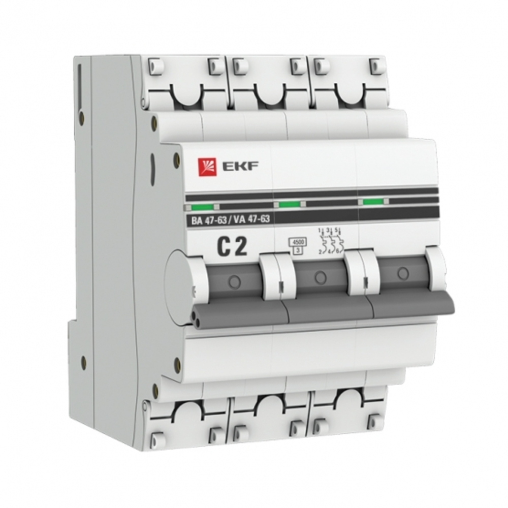Автоматический выключатель модульный EKF PROxima ВА 47-63 3Р 2А тип C 4,5 кА 400 В (mcb4763-3-02C-pro)