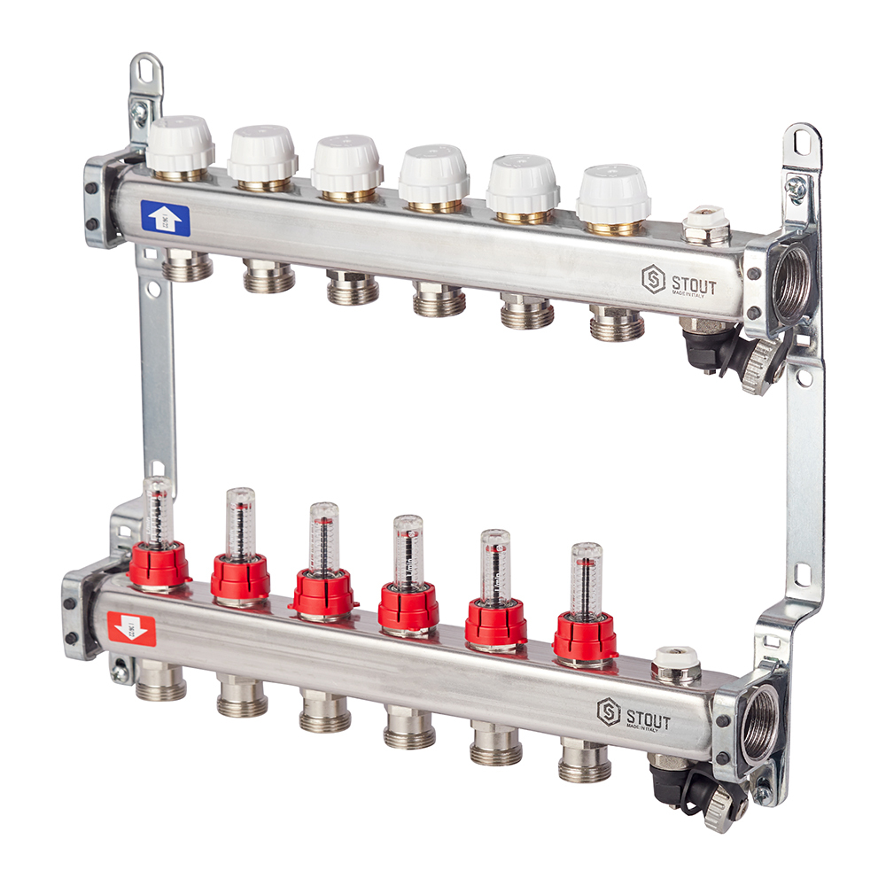  Коллекторная группа с расходомерами нержавеющая сталь Stout 1 ВР(г) х 6 выходов 3/4 НР(ш) ЕК х 1 ВР(г)