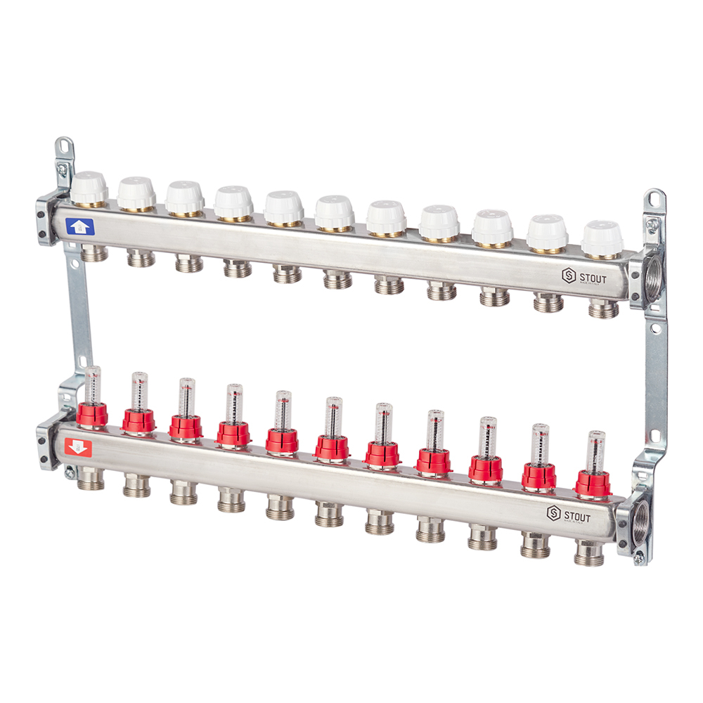 Коллекторная группа с расходомерами нержавеющая сталь Stout 1 ВР(г) х 11 выходов 3/4 НР(ш) ЕК х 1 ВР(г)