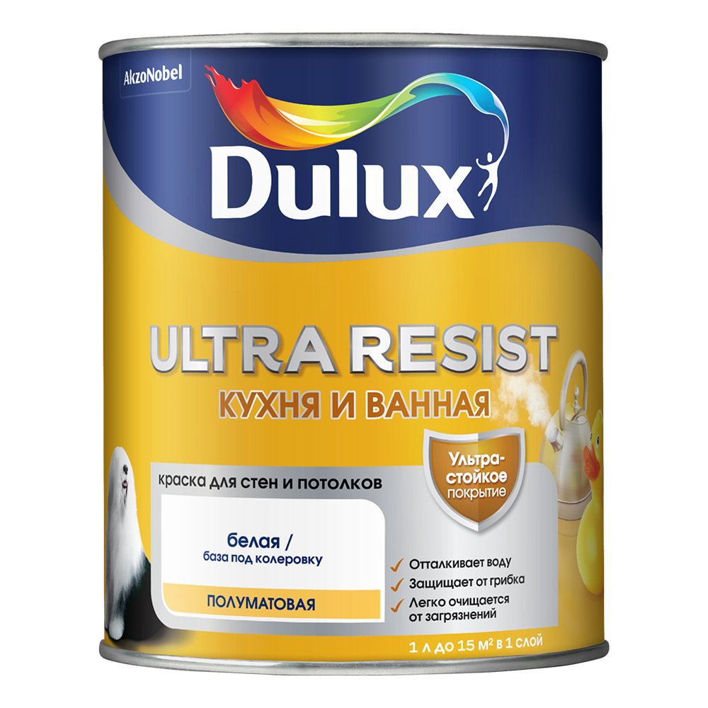 Краска моющаяся Dulux Ultra Resist кухня и ванная база BW белая 1 л