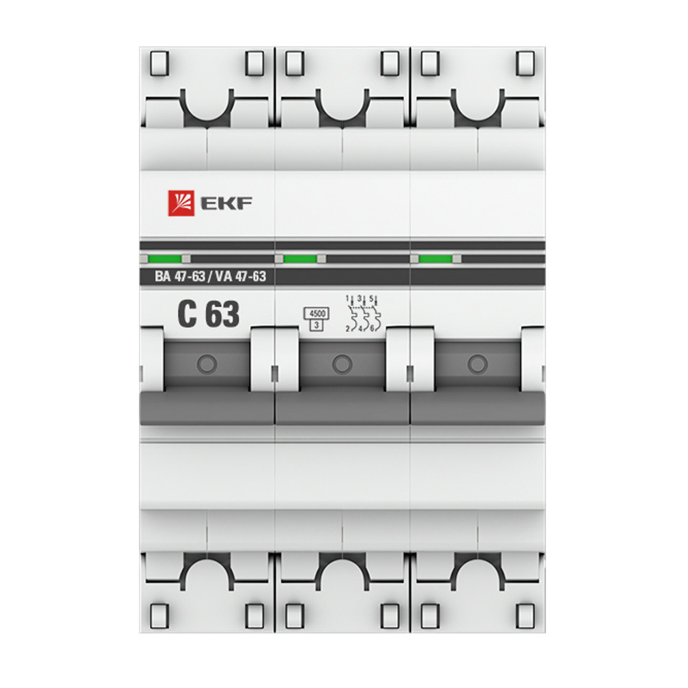 Автоматический выключатель модульный EKF PROxima ВА 47-63 3Р 63А тип C 4,5 кА 400 В (mcb4763-3-63C-pro)