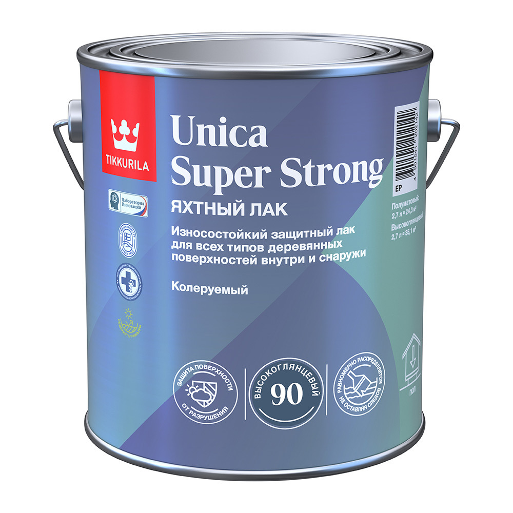 Лак алкидно-уретановый яхтный Tikkurila Unica Super Strong основа EP бесцветный 2,7 л высокоглянцевый