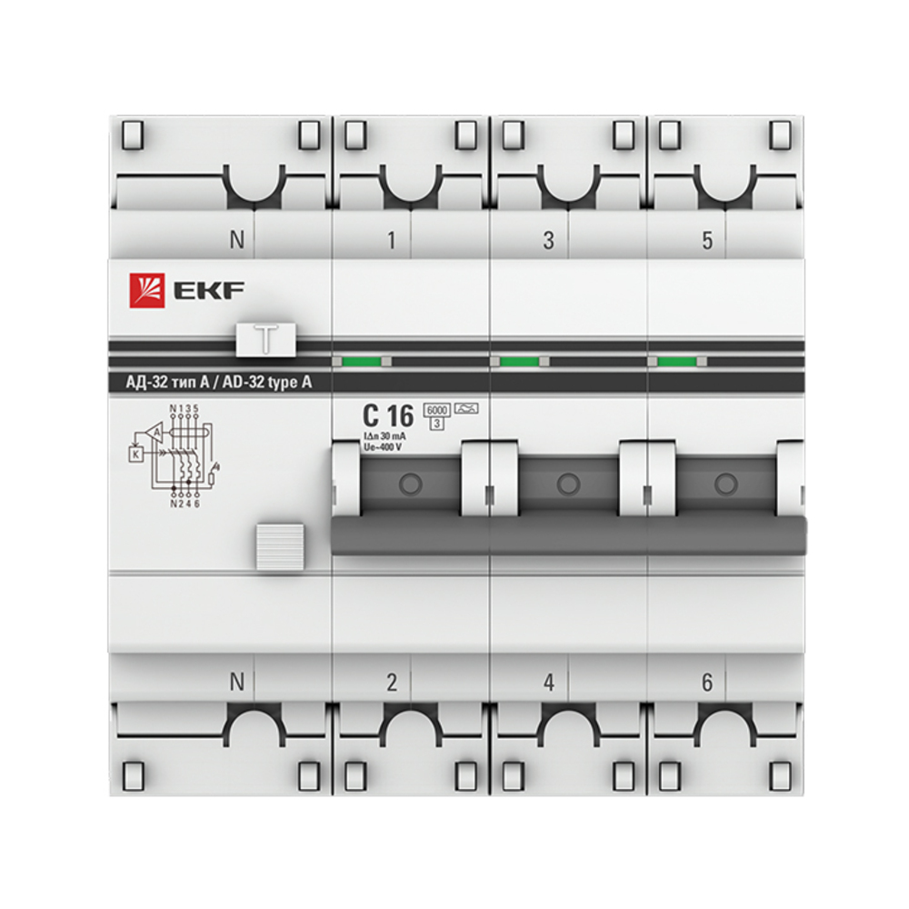 Автомат дифференциальный EKF PROxima АД-32 16А 30 мА 3P+N тип A 6 кА (DA32-6-16-30-4P-a-pro)