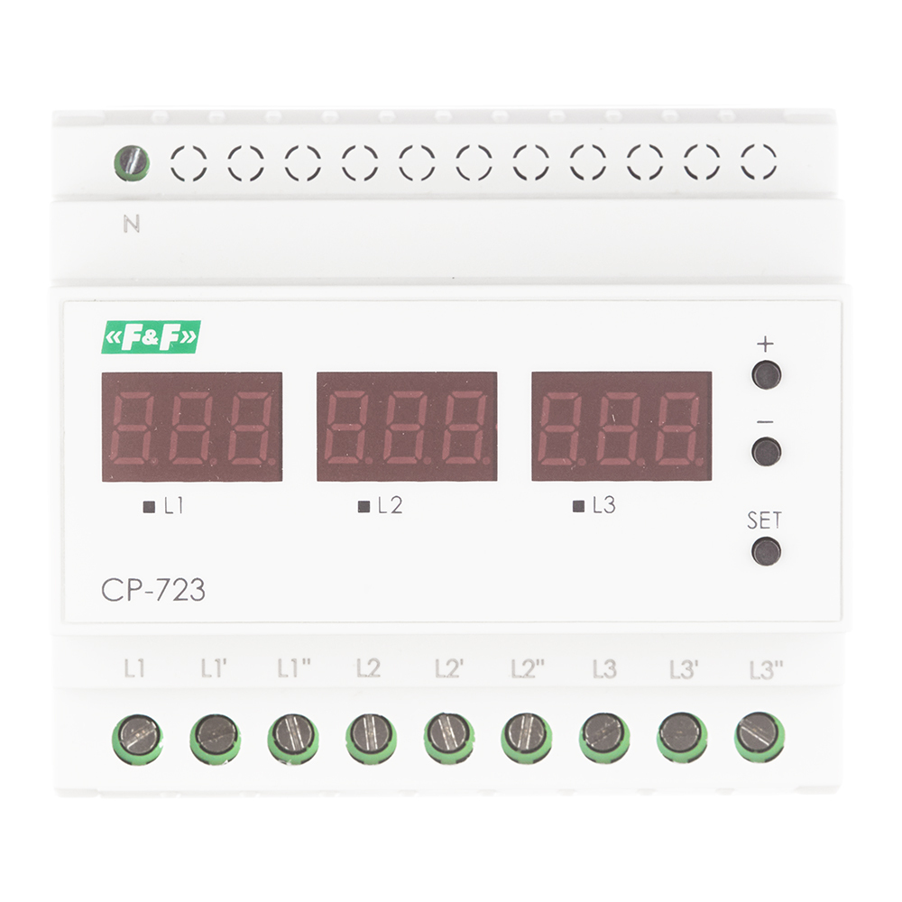  Реле напряжения модульное F&F CP-723 (EA04.009.015) 3х230 В 63 А тип AC 9P+N