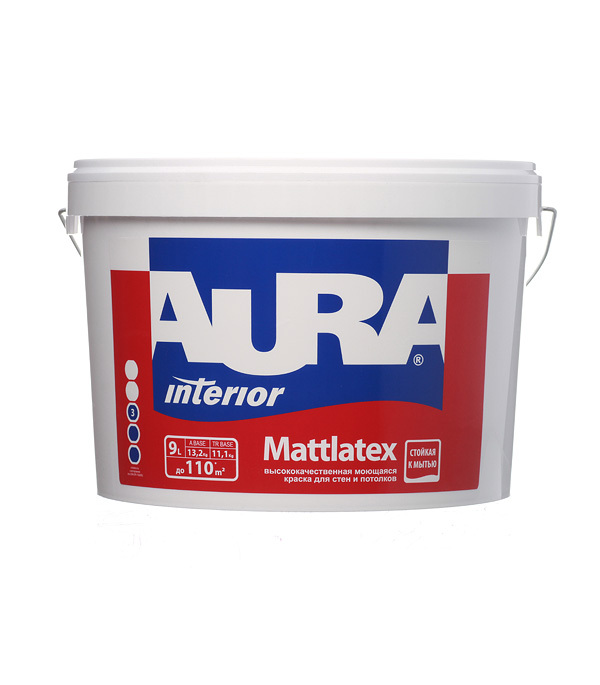 Водно-дисперсионные краски Краска моющаяся Aura Interior Mattlatex база А белая 9 л