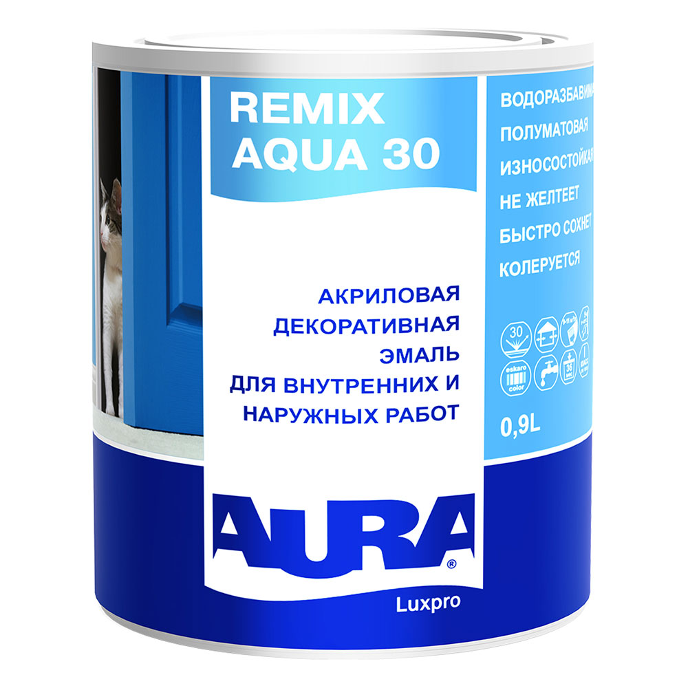 Эмаль акриловая Aura Remix Aqua 30 основа А белая полуматовая 0,9 л