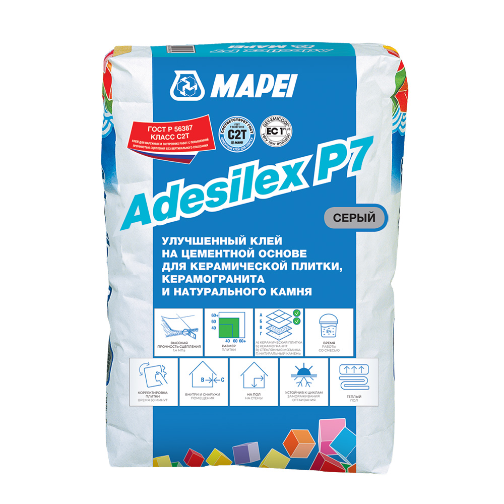 Клей для плитки/ керамогранита/ камня Mapei Adesilex P7 высокопрочный серый класс С2 Т 25 кг