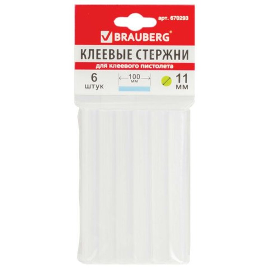 Набор стержней для клеевого пистолета d-11мм h-10см 6шт прозрачные BRAUBERG 670293