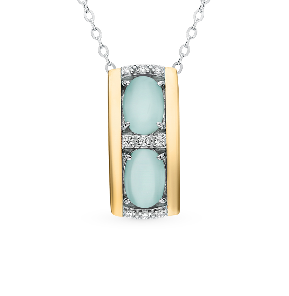 Серебряное шейное украшение с фианитами и кошачьими глазами