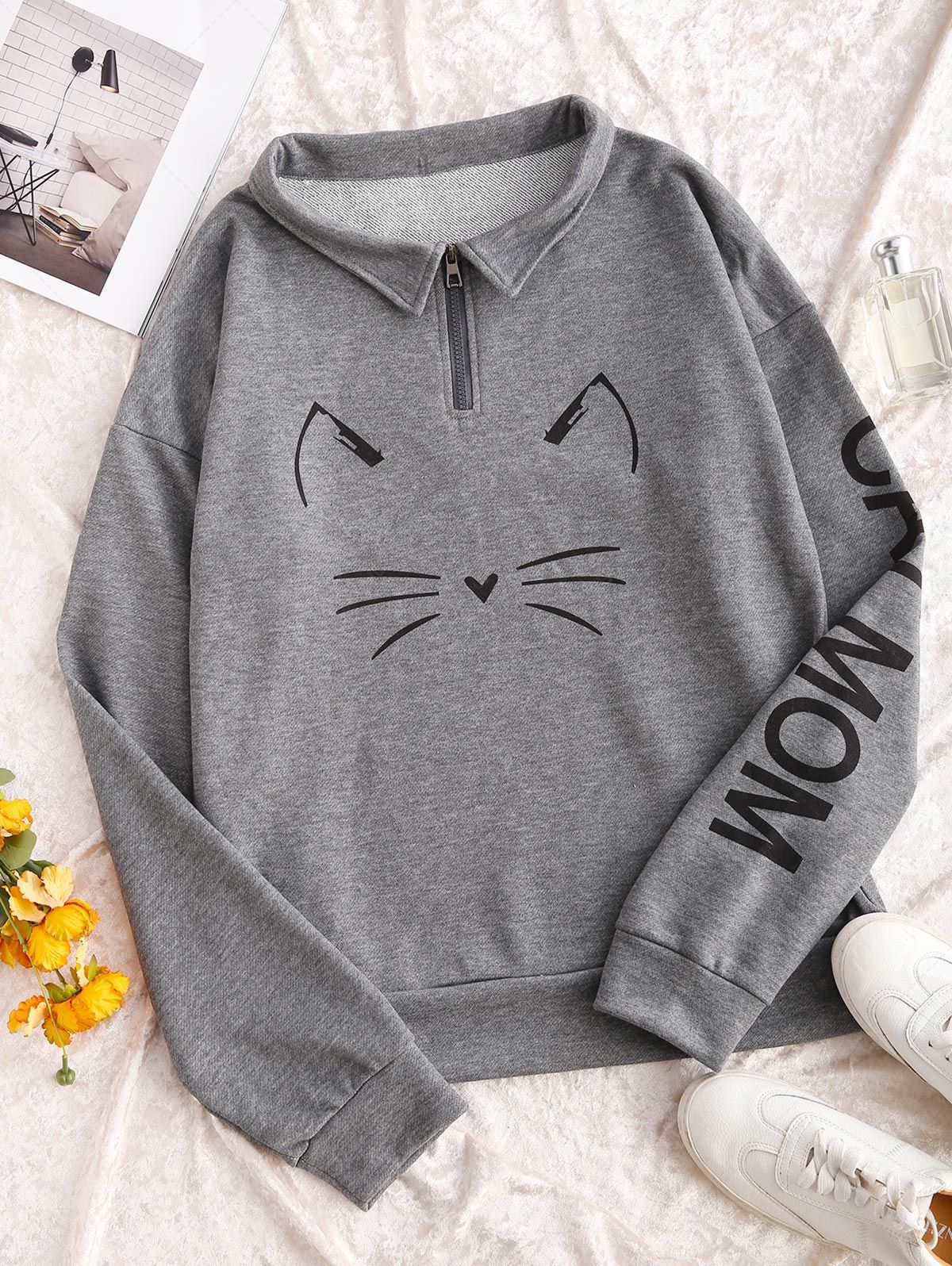 Drop Shoulder Cat Graphic Quarter Zip Sweatshirt