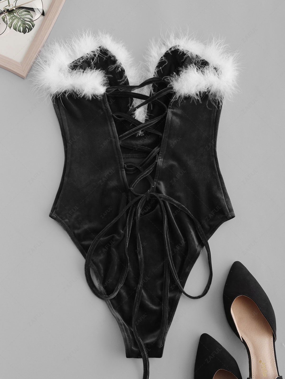 ZAFUL Faux Feather Lace Up Velvet V Wired Bandeau Bodysuit