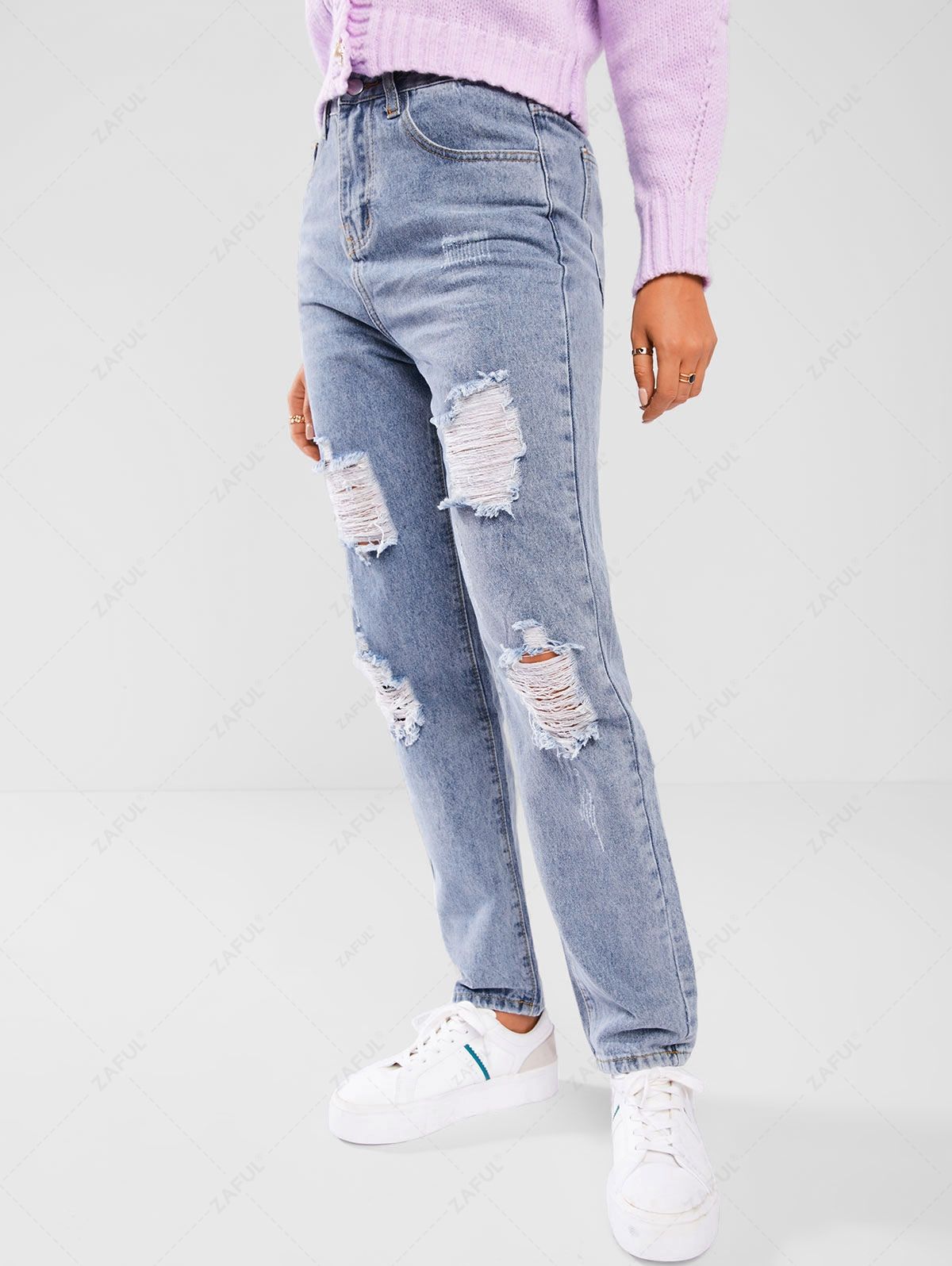  Ripped High Rise Straight Leg Jeans